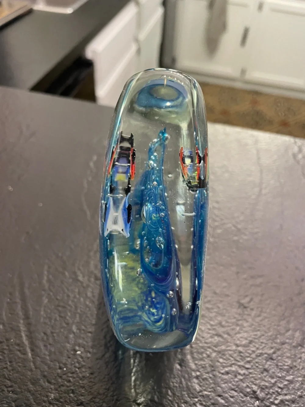 Handblown Glass Aquarium Sculpture with Blue Wave and Multicolor Fish
